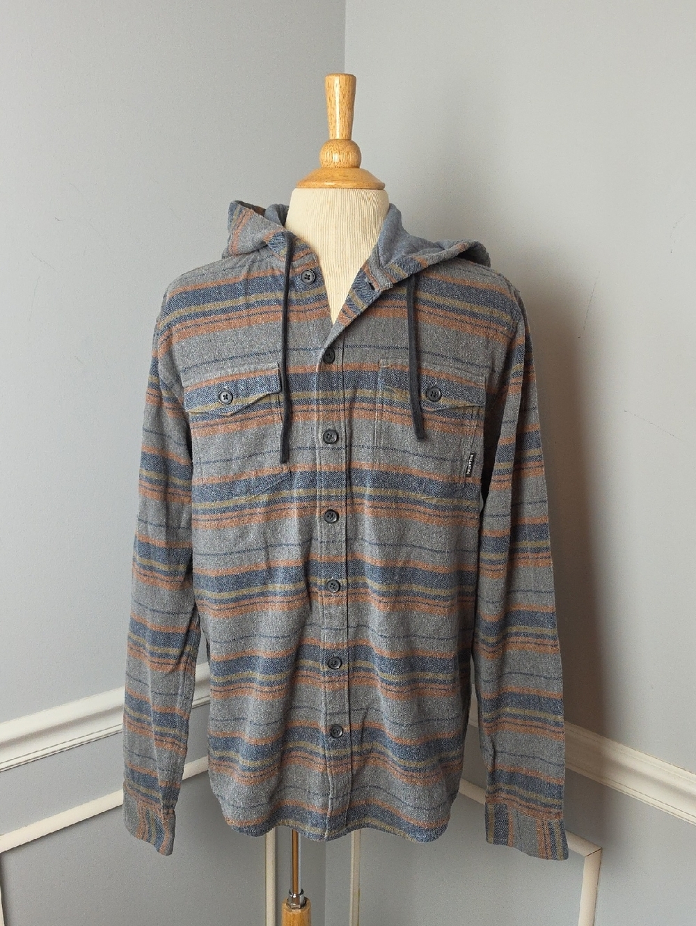 Billabong Striped Cotton Blend Button Up Hooded Hoodie Lightweight Shacket‎ M